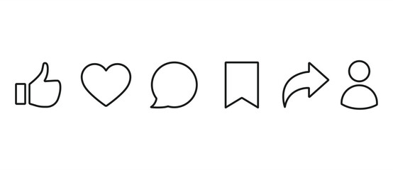 A simple  of Thumbs Up, Like, Love, Comment, Save, Share, and Follow in line icon style. Vector illustration of notification buttons for social media in transparent background. Editable stroke.