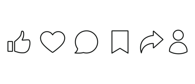 A simple  of Thumbs Up, Like, Love, Comment, Save, Share, and Follow in line icon style. Vector illustration of notification buttons for social media in transparent background. Editable stroke.