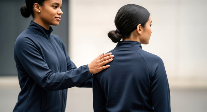 Supportive hand on woman's shoulder