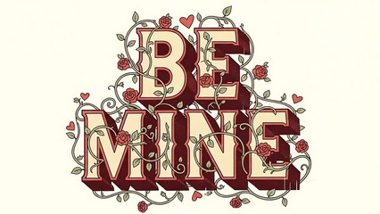 Be mine vintage romantic typography with roses and hearts for valentines day