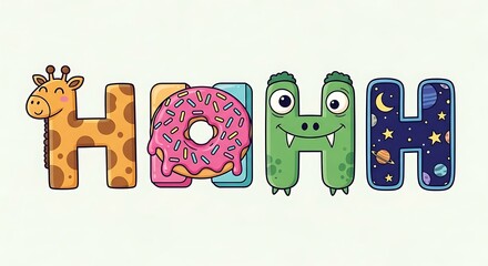 Alphabet letters decorated with cute characters and objects.