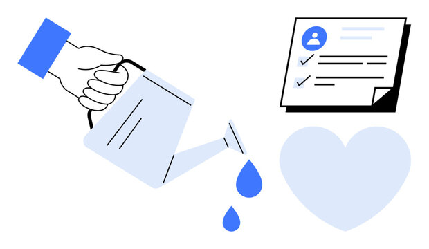 Hand pouring water from a watering can, a checklist with tasks, and a heart. Ideal for growth, care, achievement, motivation, emotional health goal setting and productivity. Simple flat metaphor