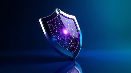 Cyber Security Shield with Network Connection and Bright Central Core on Blue Background