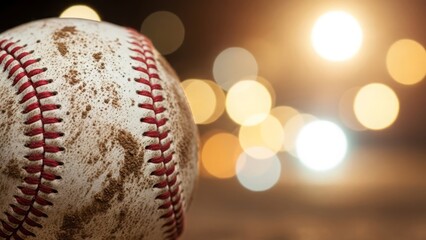 Close-up shot of a dirty baseball, ready for a game under dramatic lighting