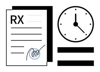 Medical prescription paper with a signature and a clock indicating urgency or scheduled tasks. Ideal for healthcare, pharmacy, deadlines, time management, appointments, efficiency, simple flat