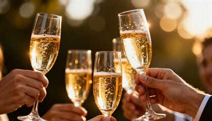 People Toasting with Champagne Glasses at Sunset During an Outdoor Celebration
