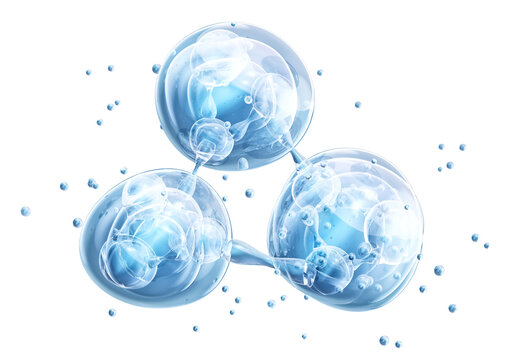 Abstract molecular structure or three connected cells in blue bubbles. 3D render of hyaluronic acid, hydration, cosmetic serum, or molecular biology science concept isolated on transparent background