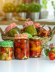 Jars with preserved vegetables for the winter. Selective focus.