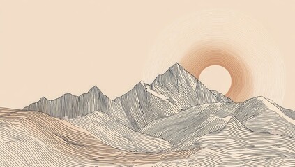 A minimalistic landscape with linear mountains, a circular sun, and warm earthy tones