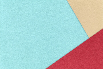 Abstract light turquoise, beige, red paper background with copy space. Template for presentation, banner, card design