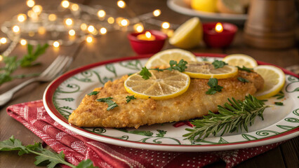 Golden fried fish fillet garnished with lemon and herbs, served on festive plate with warm ambient lighting.