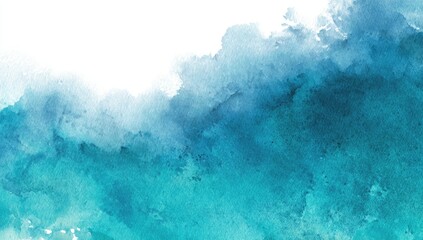 Abstract watercolor design features a gradient of blue and teal hues merging softly into a white space