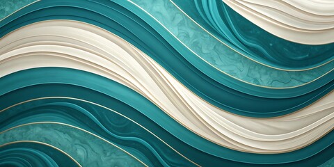 Abstract teal and white wave pattern with gold accents smooth curving lines creating elegant textured surface ideal for modern background and artistic design with flowing effect