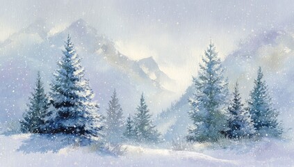 A wintry landscape painting showcasing snow-covered trees and mountains, with falling snow