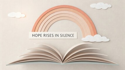 A wooden rainbow with quote and open book for positive inspiration