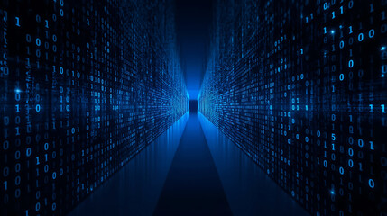 Digital Data Stream with Binary Code Background representing information technology advancements and futuristic data transmission