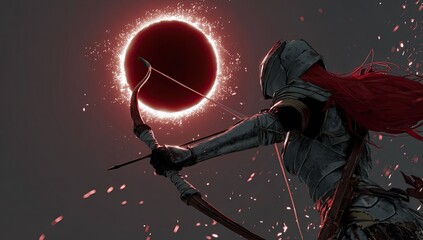 An armored archer aims towards a fiery, eclipsed orb in a dramatic, fantasy scene