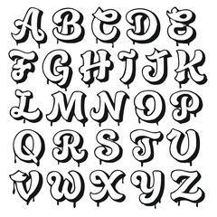 Complete English alphabet in a bold black and white graffiti style with dripping paint details. A-Z letters for street art typography design