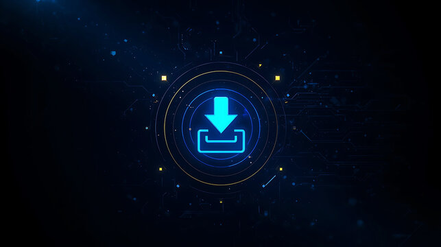 Digital Download Icon Glowing with Futuristic Technology Background and Blue Neon Light Effect