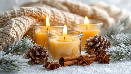 Lit candles, cozy sweater, frosted greenery, pine cones, and spices create a warm winter scene
