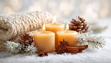 Lit candles with cinnamon, star anise, pine cones, and snowy sprigs atop a snow-covered surface