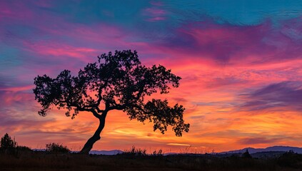 Silhouette of a tree against a vibrant sunset sky with various hues