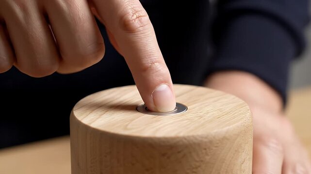 Finger Pressing Silver Button on Wooden Cylinder in Close Up with Blurred Brown Background and Soft Lighting for Studio Concept