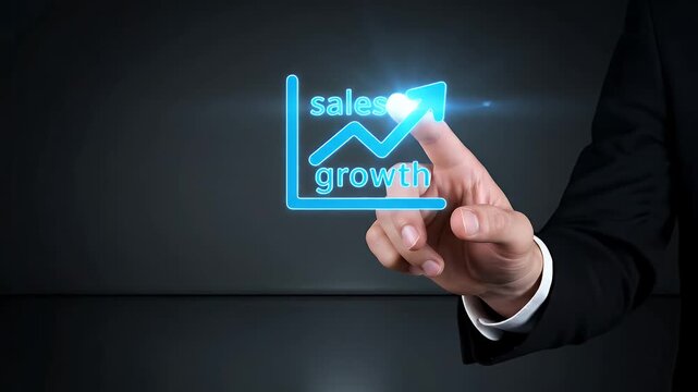 Hand Interacting with Glowing Sales Growth Graph on Dark Background Corporate Professionalism Concept Blue Arrow Chart and Business Strategy and Profit Improvement