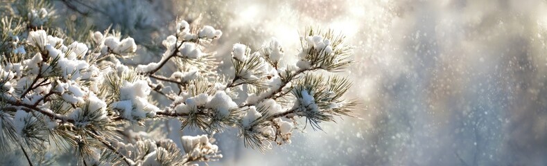 A snow-covered evergreen branch, against a softly blurred background, illuminated by diffused sunlight