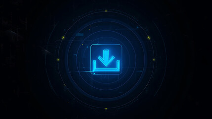 Futuristic download icon on a dark digital interface with circular radar patterns