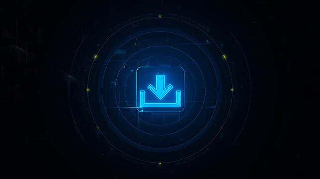 Futuristic download icon on a dark digital interface with circular radar patterns
