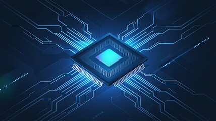 Futuristic Microchip Illustration with Glowing Blue Circuits for Technological Innovation and Advanced Computing