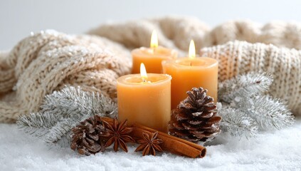 Festive still life with lit candles, pinecones, spices, and a cozy, cream-colored knit