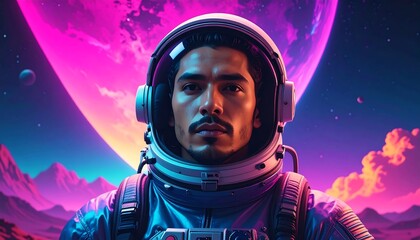 An astronaut with a serious look, against a pink moon and alien landscape, illuminated by bright blue light
