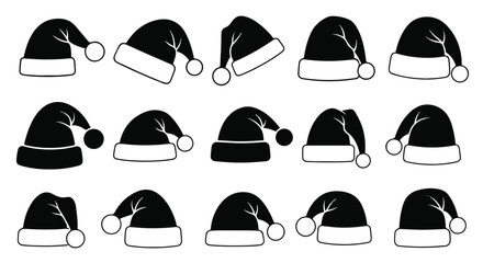 Minimal black Santa hat icons featuring clean outlines are rendered as modern flat 2D vector silhouettes, isolated graphically against a pure white background for winter holidays.