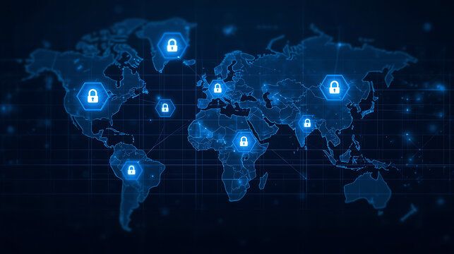 Global Network Security Illustration Showing World Map and Padlocks Ensuring Data Protection
