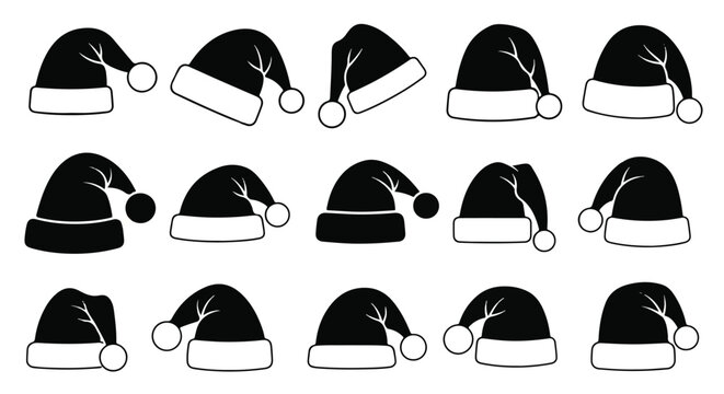 Minimal black Santa hat icons featuring clean outlines are rendered as modern flat 2D vector silhouettes, isolated graphically against a pure white background for winter holidays.