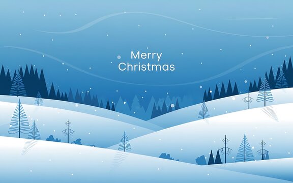 winter landscape illustration with snowy hills and pine trees, minimal blue christmas background with falling snow and merry christmas text