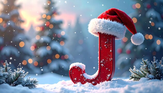 A red letter j wearing a santa hat in a snowy scene with christmas trees and bokeh lights behind it snow