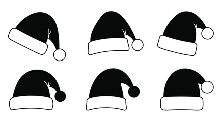 Cute simple black Santa hat silhouettes presented in a flat 2D vector collection, featuring various festive Christmas winter headwear shapes isolated on a clean white background.