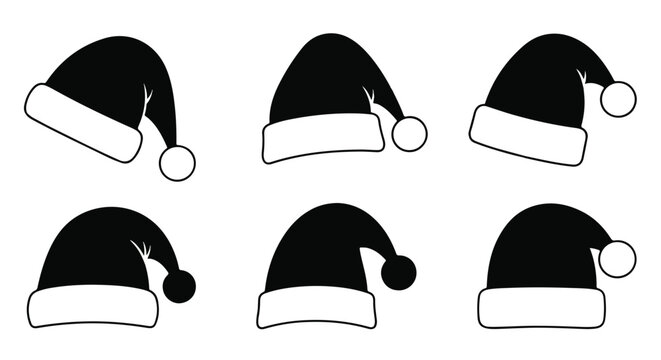 Cute simple black Santa hat silhouettes presented in a flat 2D vector collection, featuring various festive Christmas winter headwear shapes isolated on a clean white background.