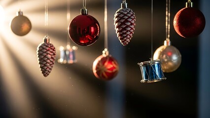 Festive christmas ornaments hanging with a bright light shining behind them creating a warm atmosphere