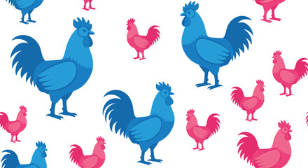 Obraz premium A vibrant and playful seamless pattern features an assortment of stylized blue roosters and pink hens, creating a dynamic and cheerful background.