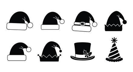 Minimal black festive hat silhouettes, including Santa caps and party headwear, are isolated in a clean 2D flat Christmas vector illustration presented on a simple, bright white background.