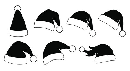 Minimalist black Santa hat silhouettes create a stylish, flat 2D vector illustration set, perfect for modern winter holiday iconography and clean festive greetings on a simple white background.