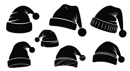 Modern black Santa Claus hat collection, featuring various stylish shapes and sizes rendered as minimalist 2D flat silhouette vector graphics on a clean white background.