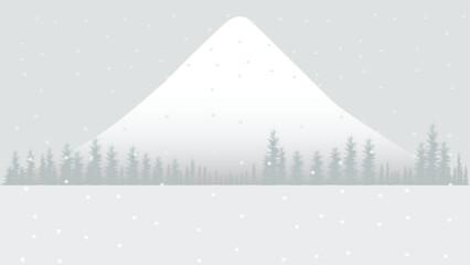 Snow falls in winter behind Mt. Fuji in front of the pine forest.