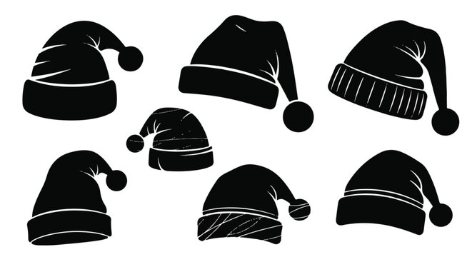 Modern black Santa Claus hat collection, featuring various stylish shapes and sizes rendered as minimalist 2D flat silhouette vector graphics on a clean white background.