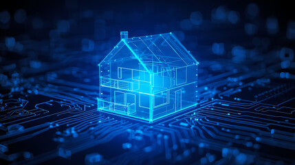 Smart home technology concept showcasing digital house blueprint on circuit board background