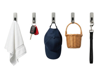 Various household items hanging on hooks isolated on transparent background